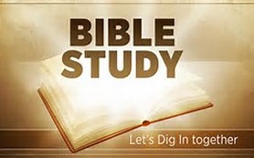 Picture of a Bilble with text saying Bible Study and subtext stating lets dig in together