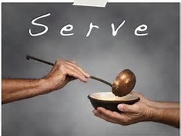 Picture of a hand holding a ladel that is pouring into bowl being held by another two hands with the word serve in the background
